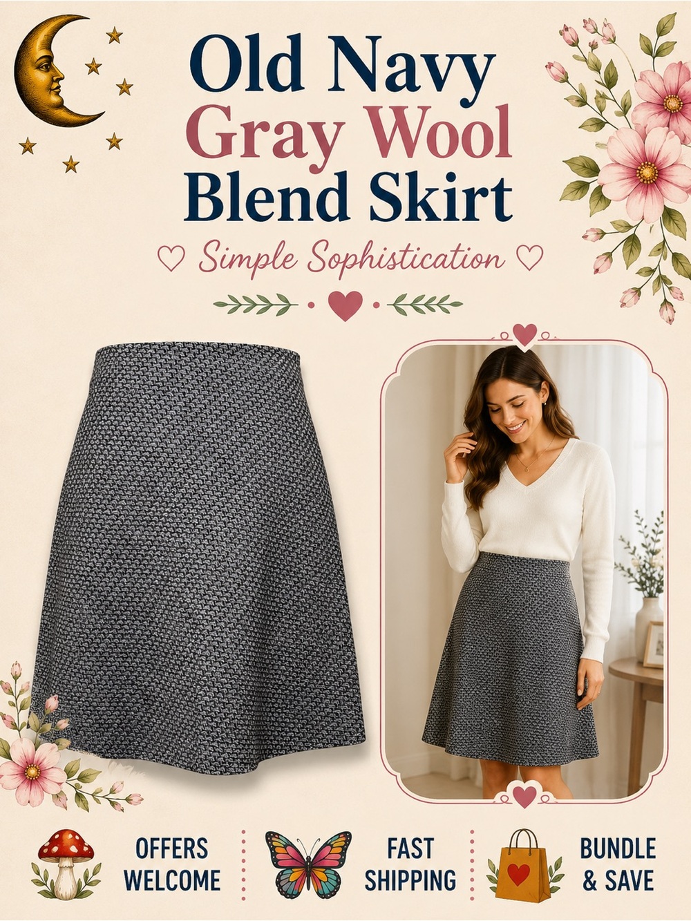 Old Navy Gray Textured Wool Blend A-Line Low Waist Skirt Business Casual Size 4